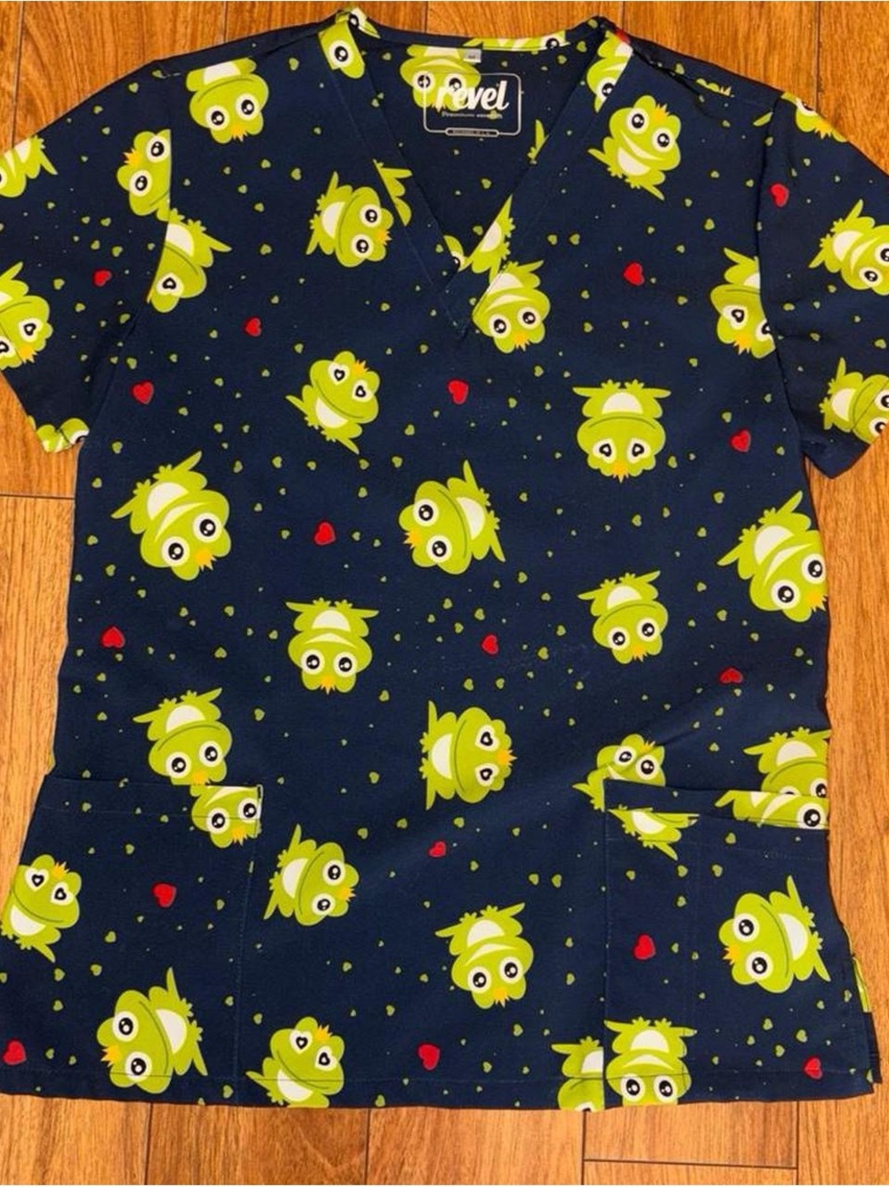 Navy blue frog print scrub top with heart details